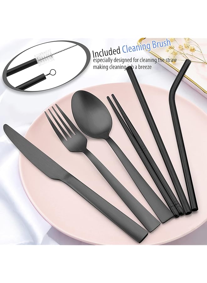 E-far Matte Black Travel Utensils Set 8 Piece Metal Travel Silverware Portable Camping Reusable Cutlery Flatware Set Includes Knife Fork Spoon Chopsticks Straws Charcoal Gray Case - Image 3