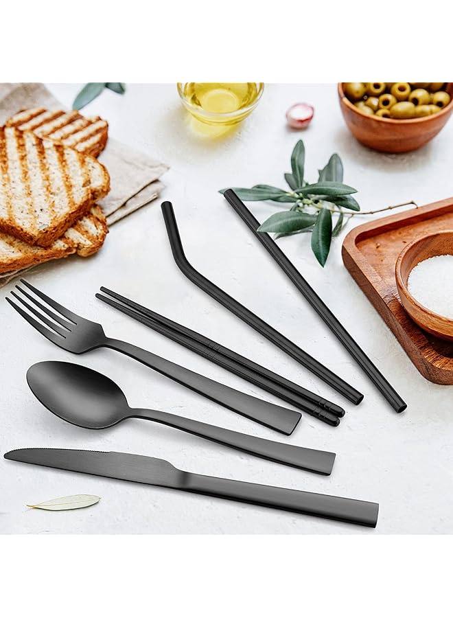 E-far Matte Black Travel Utensils Set 8 Piece Metal Travel Silverware Portable Camping Reusable Cutlery Flatware Set Includes Knife Fork Spoon Chopsticks Straws Charcoal Gray Case - Image 4
