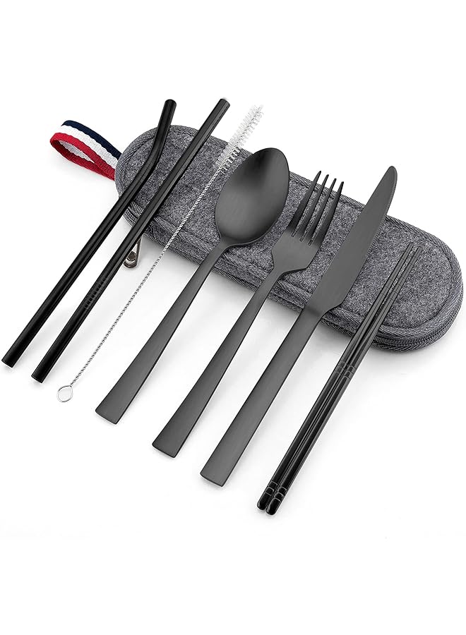 E-far Matte Black Travel Utensils Set 8 Piece Metal Travel Silverware Portable Camping Reusable Cutlery Flatware Set Includes Knife Fork Spoon Chopsticks Straws Charcoal Gray Case - Image 1