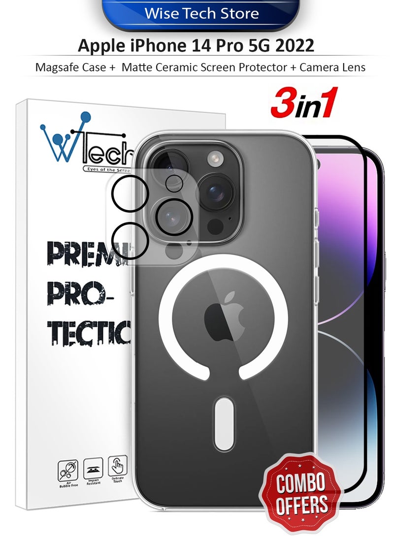 دبليو تيك حزمة حماية 3 في 1 لهاتف آبل آيفون 14 برو 5G 2022، غطاء شفاف مضاد للصدمات مع ماجسيف، واقي شاشة سيراميكي مطفي، وواقي عدسة الكاميرا بحماية 360، تركيب سهل - شفاف/أسود - Image 1