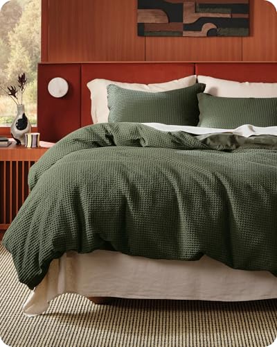 Bedsure Cotton Duvet Cover Set  100 Cotton Waffle Weave Olive Green Duvet Cover Oversized King Size GentleSoft and Breathable Bedding Set for All Season 3 Pieces 120x98