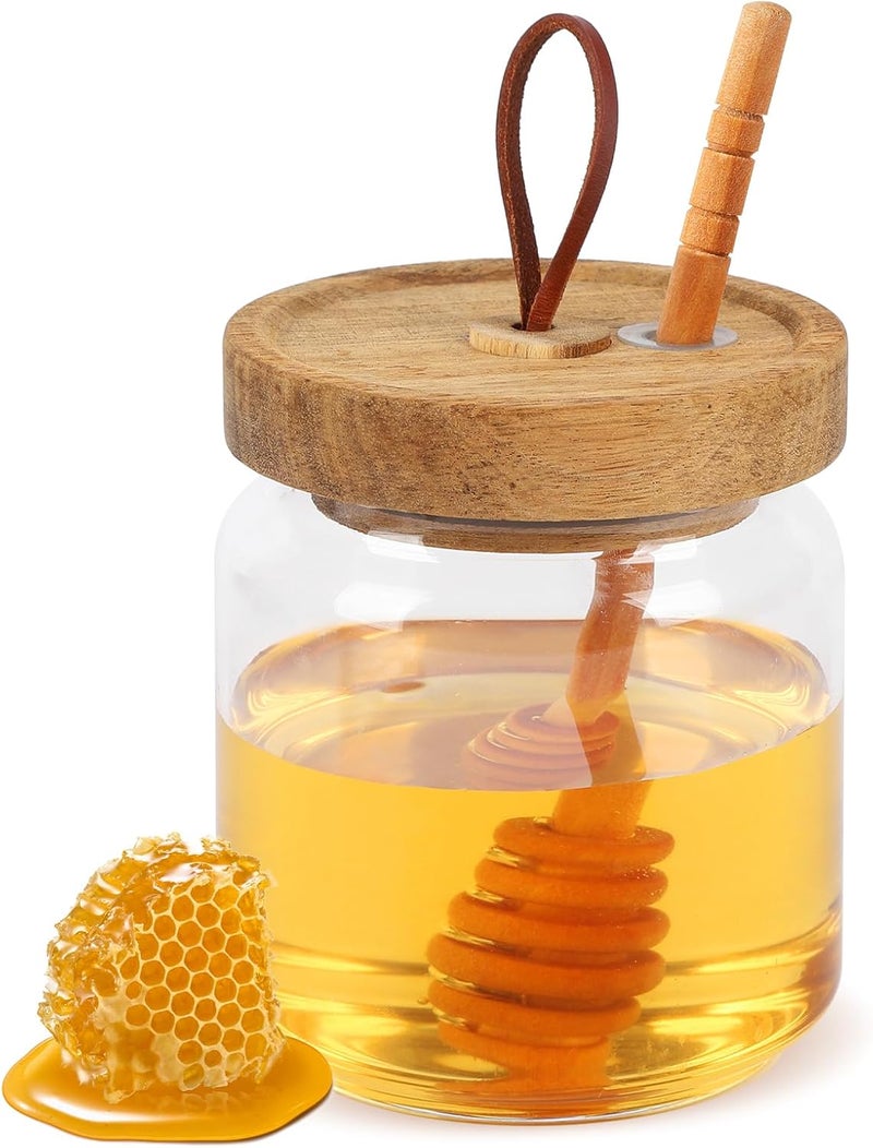BUITLU Honey Jars with Dipper, 17 oz Airtight Glass Honey Dispenser with Acacia Lid Cover for Storing Honey and Syrup,Home Kitchen Gifts for Women, Moms, and Friends - Image 1