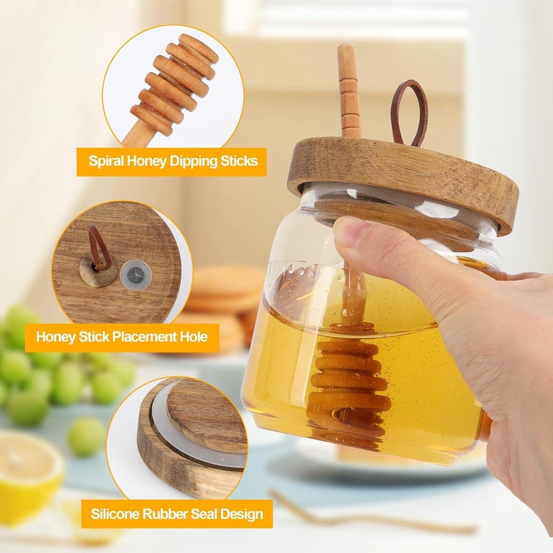 BUITLU Honey Jars with Dipper, 17 oz Airtight Glass Honey Dispenser with Acacia Lid Cover for Storing Honey and Syrup,Home Kitchen Gifts for Women, Moms, and Friends - Image 3