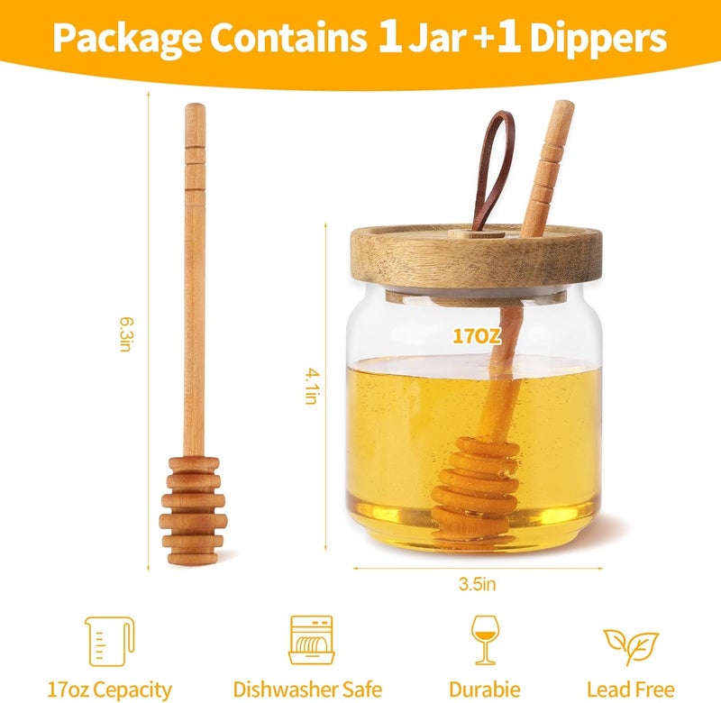 BUITLU Honey Jars with Dipper, 17 oz Airtight Glass Honey Dispenser with Acacia Lid Cover for Storing Honey and Syrup,Home Kitchen Gifts for Women, Moms, and Friends - Image 2