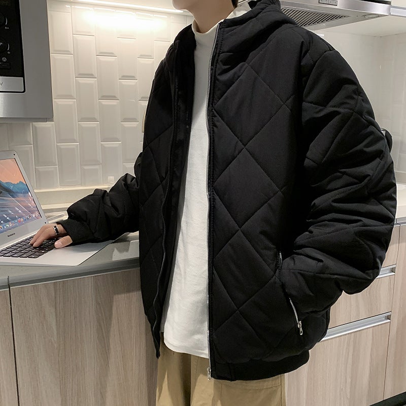Winter Solid Color Zipper Hooded Cotton Coat Mens Harajuku Hong Kong Style Casual Simple Fashionable ins Plaid Bread Coat Khaki - Image 3