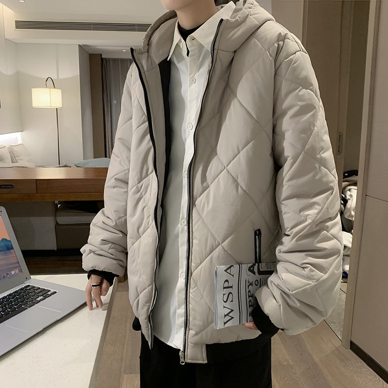 Winter Solid Color Zipper Hooded Cotton Coat Mens Harajuku Hong Kong Style Casual Simple Fashionable ins Plaid Bread Coat Khaki - Image 1