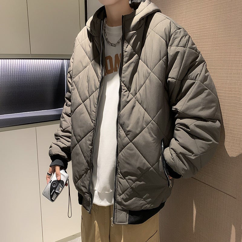 Winter Solid Color Zipper Hooded Cotton Coat Mens Harajuku Hong Kong Style Casual Simple Fashionable ins Plaid Bread Coat Khaki - Image 2
