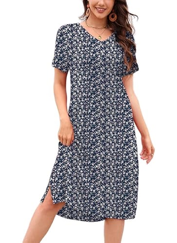 VOBCTY Women's Casual Short Sleeve Tshirt Dress Summer Side Split Loose V Neck Dresses(02S,Medium) - Image 1
