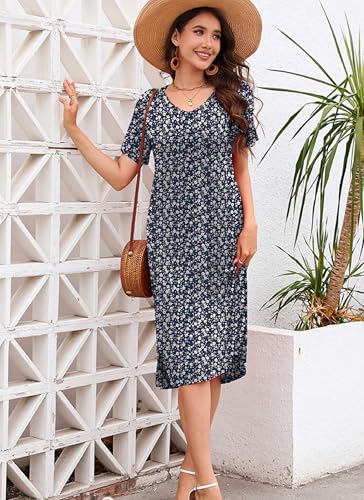VOBCTY Women's Casual Short Sleeve Tshirt Dress Summer Side Split Loose V Neck Dresses(02S,Medium) - Image 2