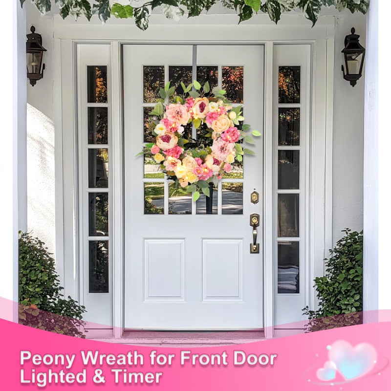 Grandeal [Lighted & Timer] 22" Spring Summer Wreaths for Front Door Peony Wreath with Lights Pink Silk Flower Hydrangea Rose Green Leaves Floral Wreath for Home Wall Window Wedding Party Indoor Outdoor Decor - Image 3
