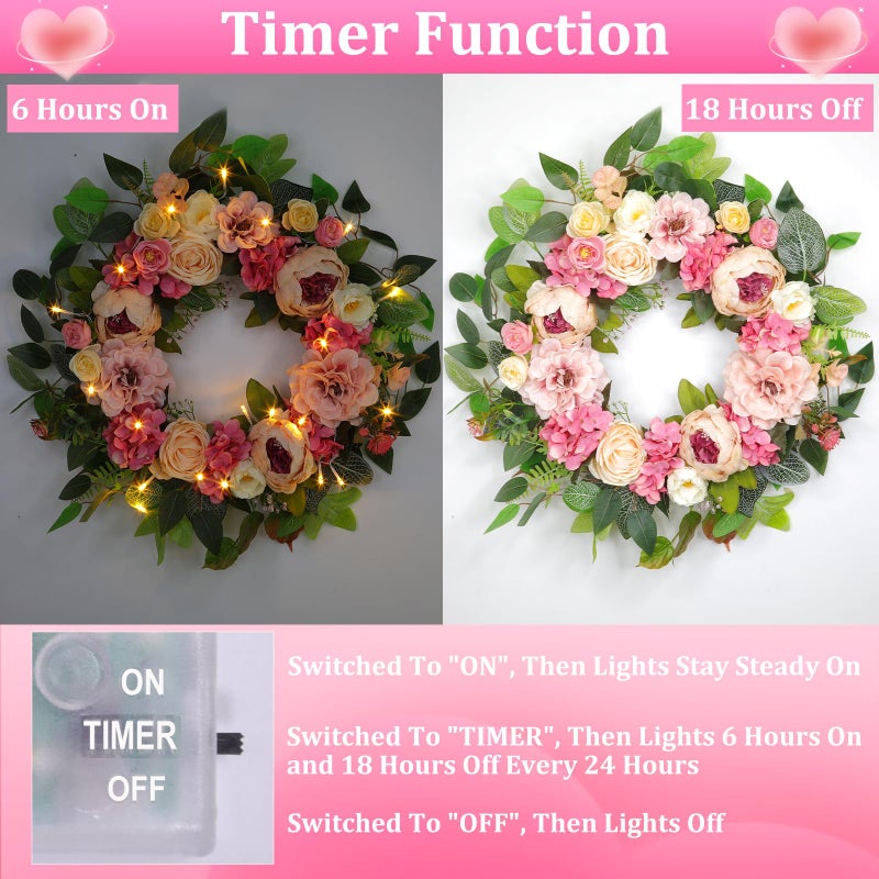 Grandeal [Lighted & Timer] 22" Spring Summer Wreaths for Front Door Peony Wreath with Lights Pink Silk Flower Hydrangea Rose Green Leaves Floral Wreath for Home Wall Window Wedding Party Indoor Outdoor Decor - Image 2
