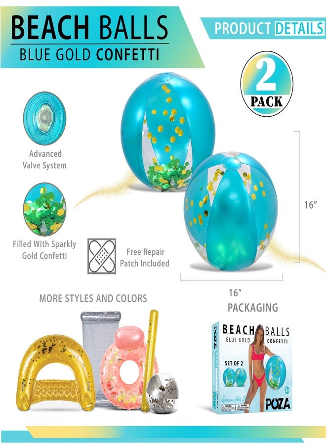 POZA Inflatable Beach Balls for Pool - Elegant Glitter Beach Balls for Kids, Teens, and Adults, Heavy Duty Inflatable Beach Ball Set of 2, Pool Balls for Beach Party Decoration - Blue Gold, 16 Inches - Image 2