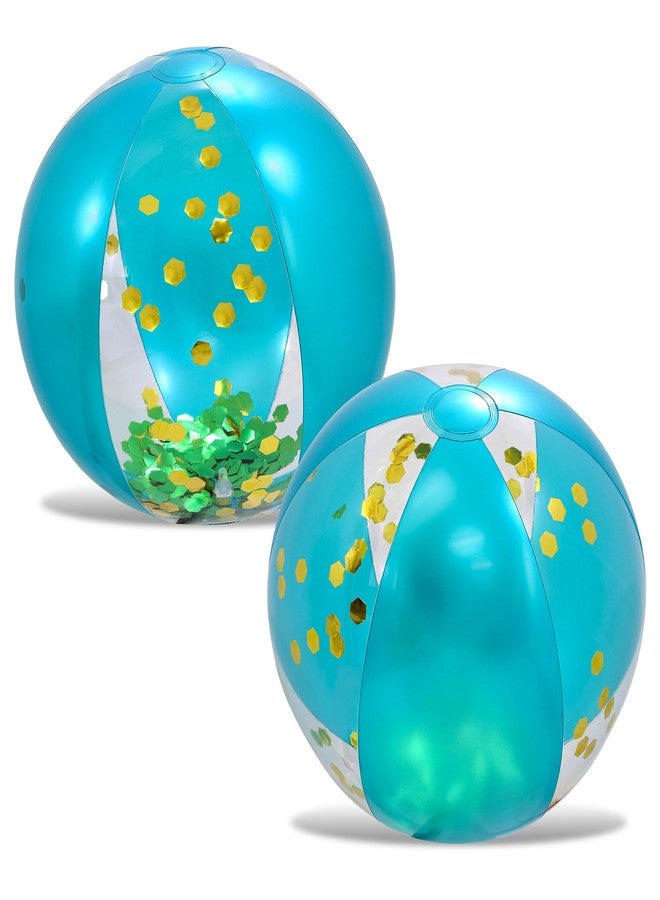 POZA Inflatable Beach Balls for Pool - Elegant Glitter Beach Balls for Kids, Teens, and Adults, Heavy Duty Inflatable Beach Ball Set of 2, Pool Balls for Beach Party Decoration - Blue Gold, 16 Inches - Image 1