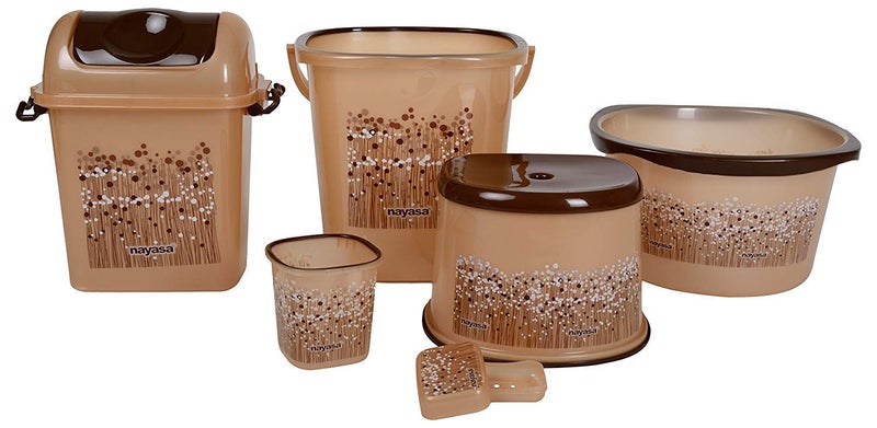 Nayasa Funk Bathroom Set 6Pieces Bucket 25 litres with Mug 15 litresBasin 20 litresDustbin 14 litres Stool Soap CaseBrown Bathroom Accessory SetPlastic - Image 1