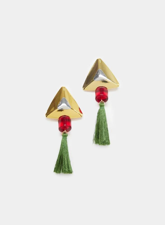 Gold Pyramid Tassel Dangle Earrings