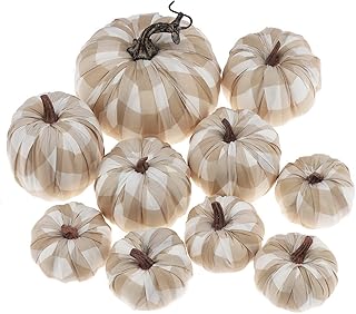 Woration 10 Pack Plaid Fabric Artificial Pumpkins Harvest Festival Fake Beige Burlap Pumpkins Decoration for Fall - Image 1