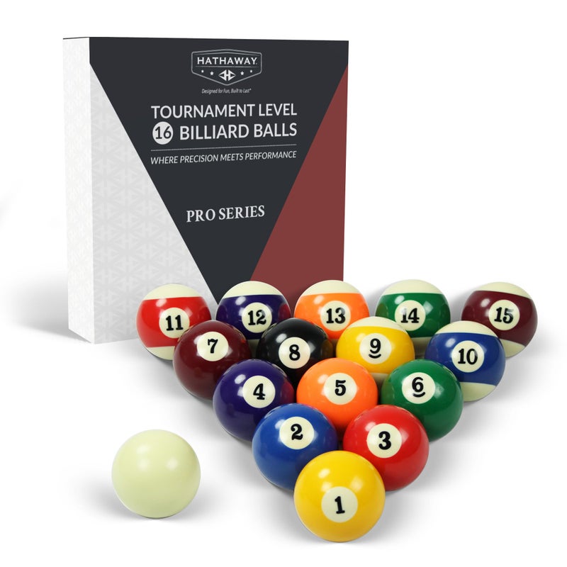 Hathaway Regulation Pool Balls Billiard Set of 16 Standard Pool Table Accessories with 7 Striped 7 SolidColored a Black 8Ball and a White Cue Ball