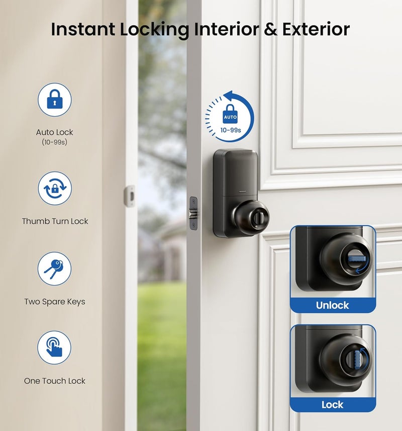 Veise Keypad Door Knob Lock, Keyless Entry Digital Lock with Handle, Electronic Knob for Front Door & Bedroom, Easy Installation, Auto-Locking, Passage Mode, Matte Black - Image 4