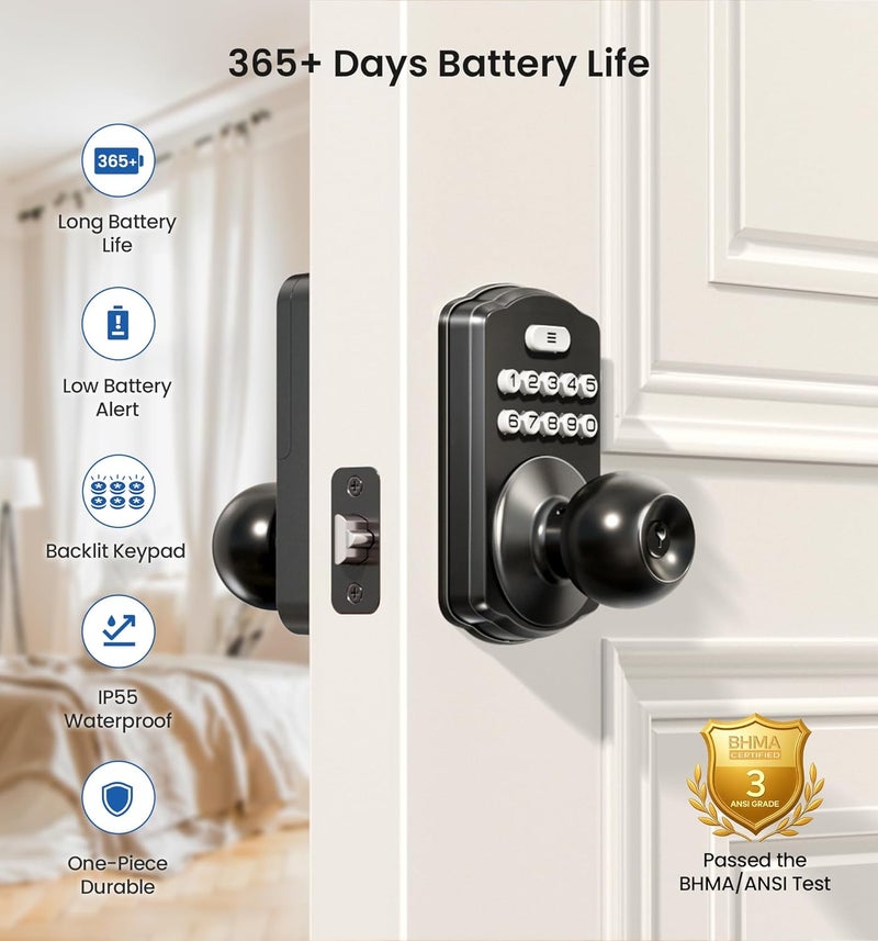 Veise Keypad Door Knob Lock, Keyless Entry Digital Lock with Handle, Electronic Knob for Front Door & Bedroom, Easy Installation, Auto-Locking, Passage Mode, Matte Black - Image 3
