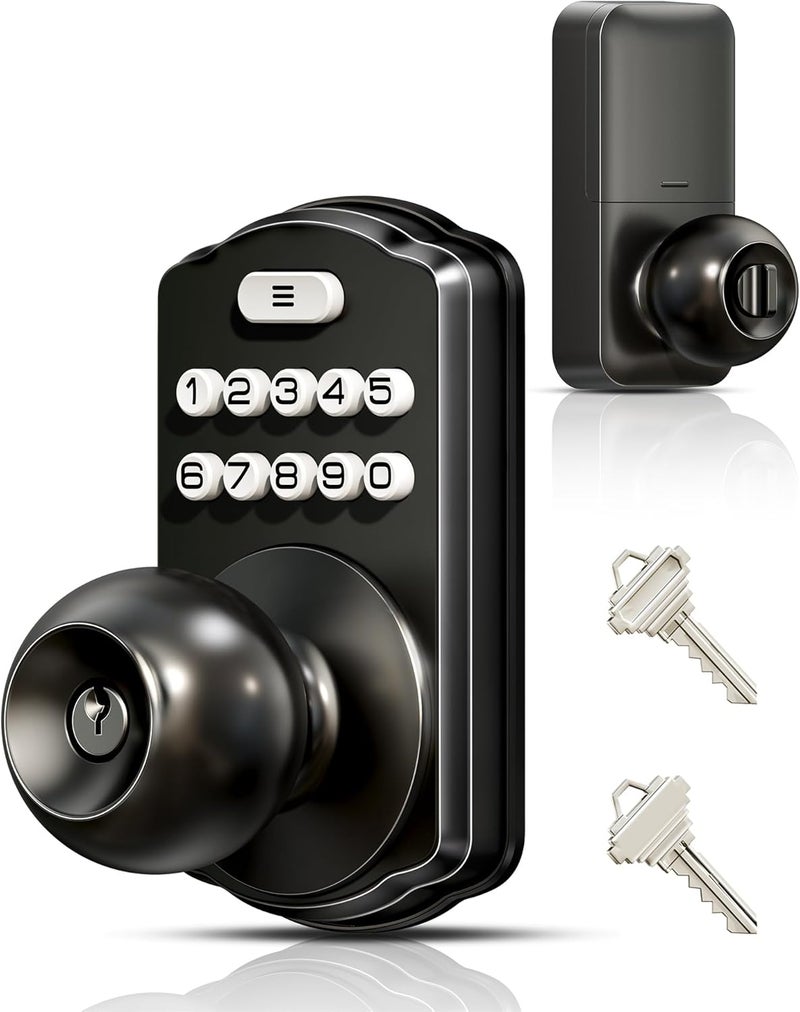 Veise Keypad Door Knob Lock, Keyless Entry Digital Lock with Handle, Electronic Knob for Front Door & Bedroom, Easy Installation, Auto-Locking, Passage Mode, Matte Black - Image 1
