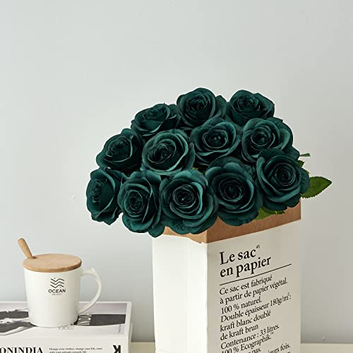 Helera 12PC Peacock Green Roses Artificial Flowers Fake Roses Silk Flowers Roses with Long Stems for Wedding Home Party Centerpieces Decorations - Image 5