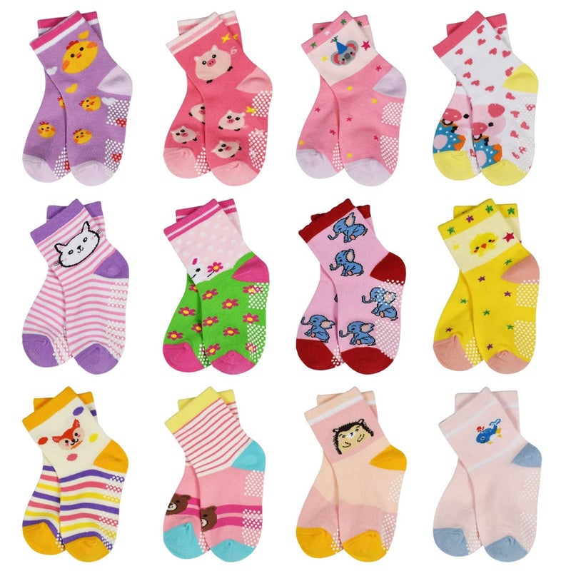 HYCLES Anti Slip Toddler Socks, 12 Pairs Non-Skid Cotton Grip Kid Socks for 3-5T Kids Boy Girl - Image 1