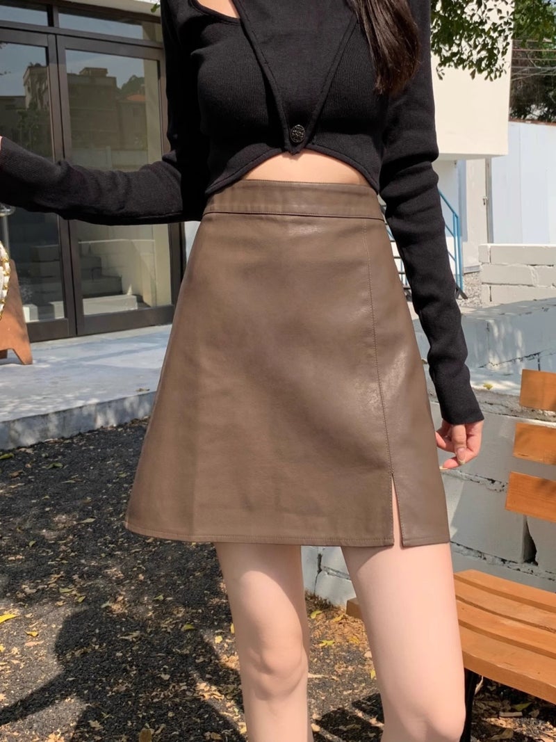 2023 Arrival Skirt Women'S Puleather Skirt High Waist Slimming Split A- Line Skirt Small Hip Skirt - Image 2