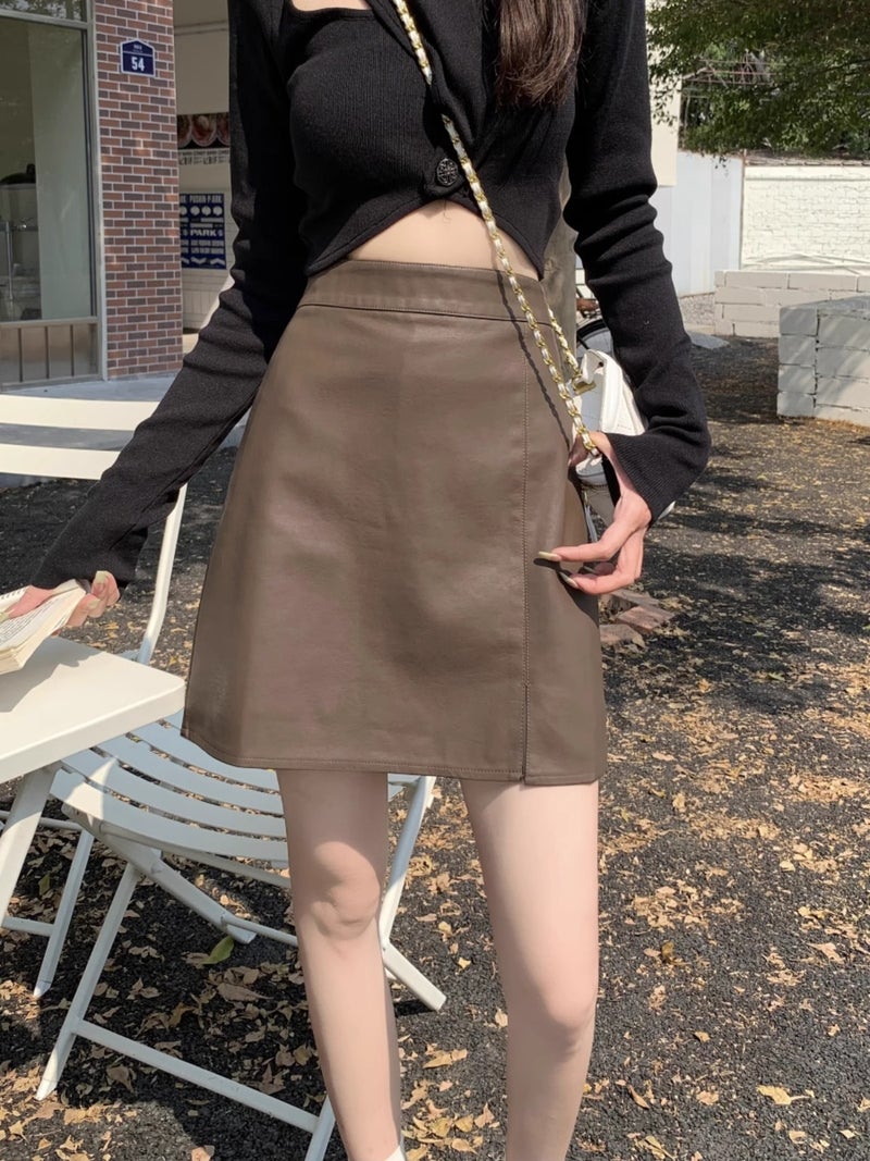2023 Arrival Skirt Women'S Puleather Skirt High Waist Slimming Split A- Line Skirt Small Hip Skirt - Image 3