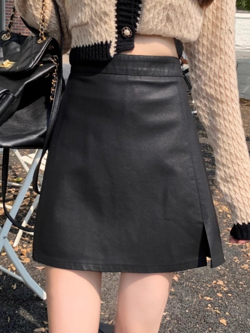 2023 Arrival Skirt Women'S Puleather Skirt High Waist Slimming Split A- Line Skirt Small Hip Skirt - Image 4