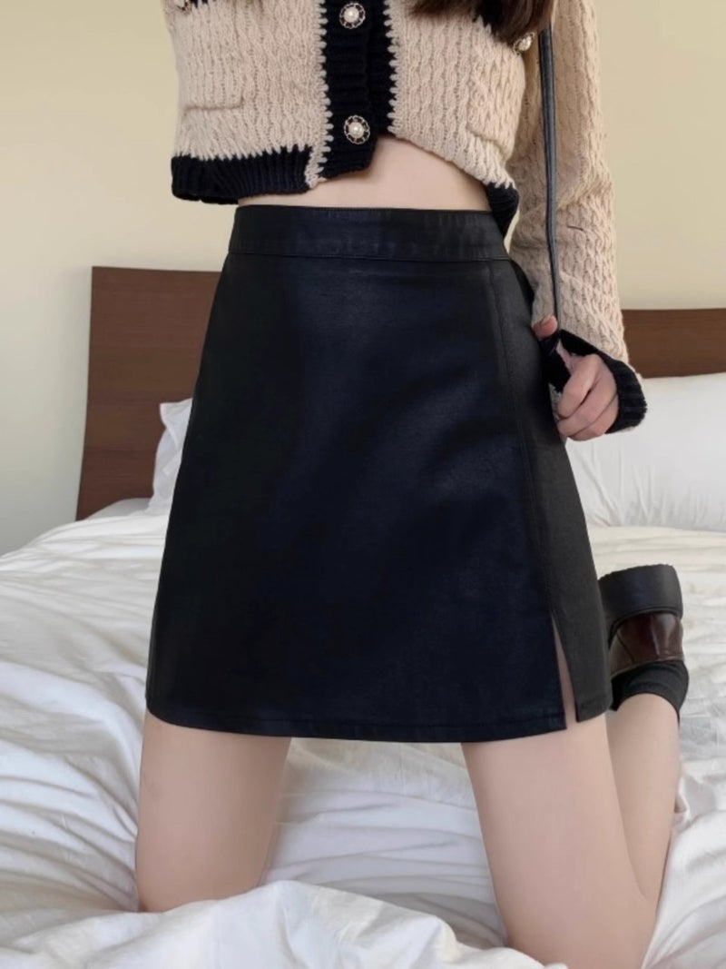 2023 Arrival Skirt Women'S Puleather Skirt High Waist Slimming Split A- Line Skirt Small Hip Skirt - Image 5