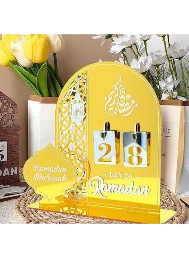 Horoof Home ديكور عد تنازلي رمضان هروف هوم® عيد مبارك أكريليك - ديكور إسلامي لمدة 30 يوم، ذهبي مع أرقام فضية، 20x20x6.3 سم، تصميم أكريليك فاخر لتزيين رمضان والعيد - Image 1