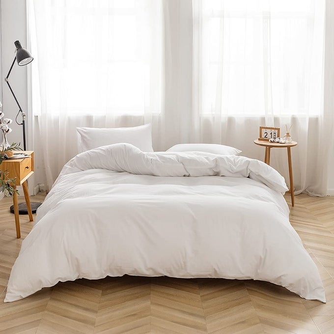 BEDDING DUVET COVER SET 3 PIECES 100 WASHED COTTON DUVET COVER LINEN LIKE TEXTURED BREATHABLE DURABLE SOFT COMFY QUEEN WHITE