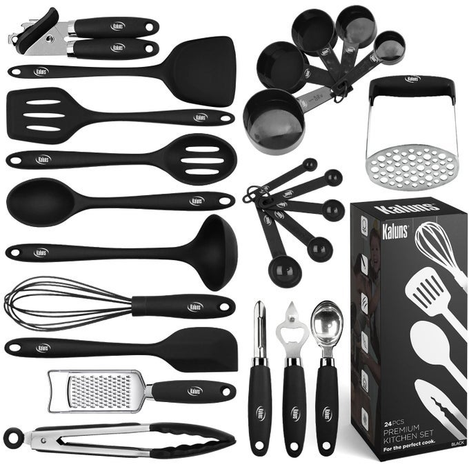 SILICONE KITCHEN UTENSILS SET 24 PCS SILICONE COOKING UTENSILS SET CAN OPENER MASHER TURNER SPATULA 446F HEAT RESISTANT NONSTICK PREMIUM SILICONE AND STAINLESS STEEL UTENSIL SET