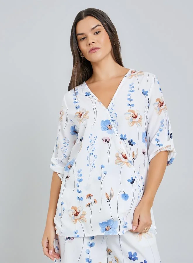 Take Two Women Floral Print Roll Up Sleeve Top