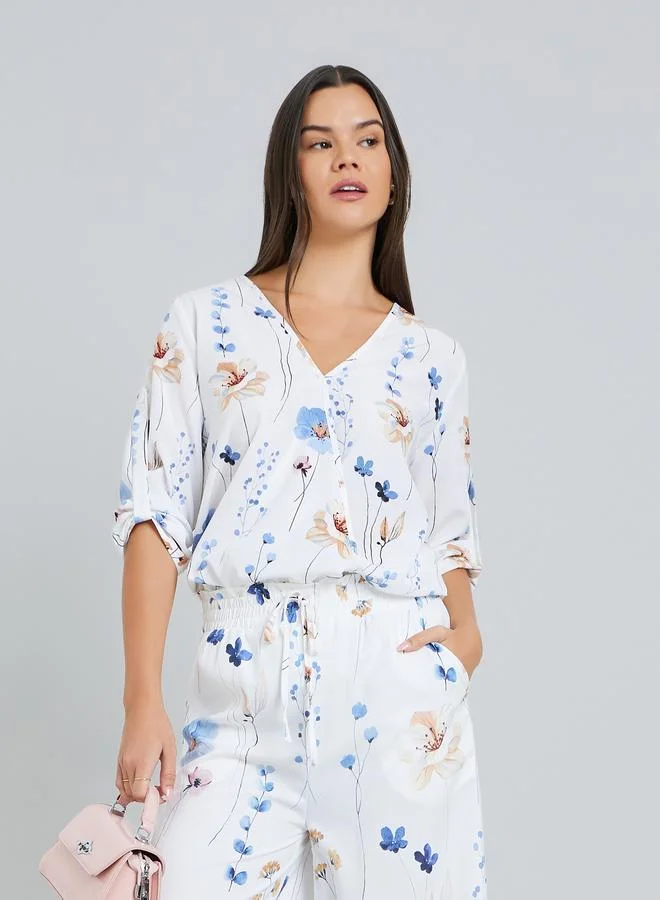 Take Two Women Floral Print Roll Up Sleeve Top