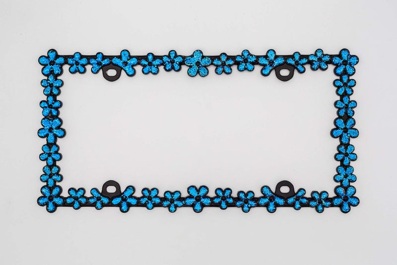 Creathome 3D Shining Daisy Wrenth License Plate Frame from Pure Zinc Alloy Metal Perfect Plate Holder,Matt Black with Blue Glitter - Image 2