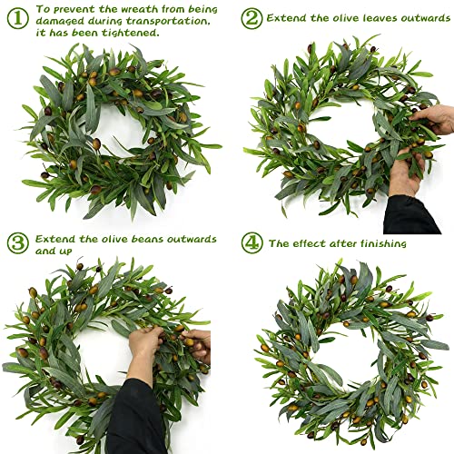 AMF0RESJ 20 inches Artificial Green Olive Wreath Greenery Wreath with Olive Leaves, Bean for Front Door Indoor Outdoor Farmhouse Home Wall Window Festival Wedding Decor, White Gift Box Included - Image 5