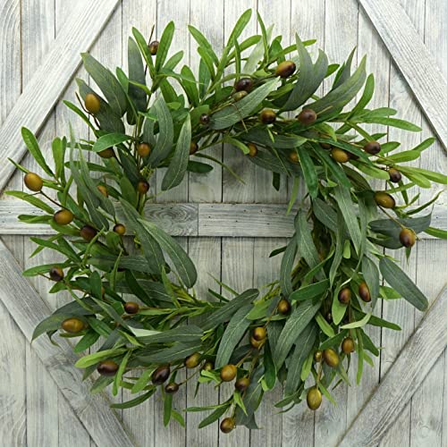 AMF0RESJ 20 inches Artificial Green Olive Wreath Greenery Wreath with Olive Leaves, Bean for Front Door Indoor Outdoor Farmhouse Home Wall Window Festival Wedding Decor, White Gift Box Included - Image 1