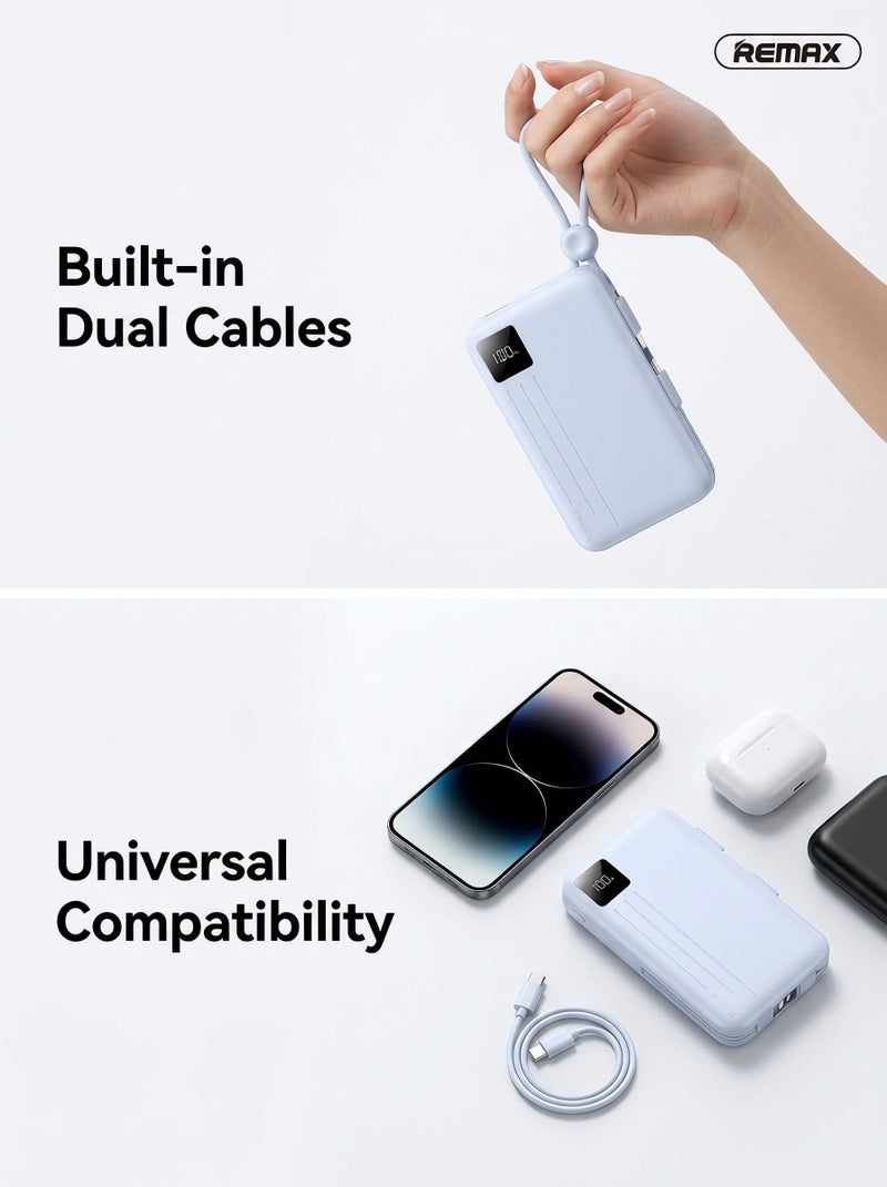 ريماكس باور بانك 10000mAh شحن سريع 22.5 واط، شاحن REMAX المحمول مع كابلات Type-C وLightning مدمجة، بطارية خارجية PD QC مع شاشة LED رقمية، شاحن USB-C للهواتف المحمولة iPhone Samsung Xiaomi Android - أزرق - Image 2