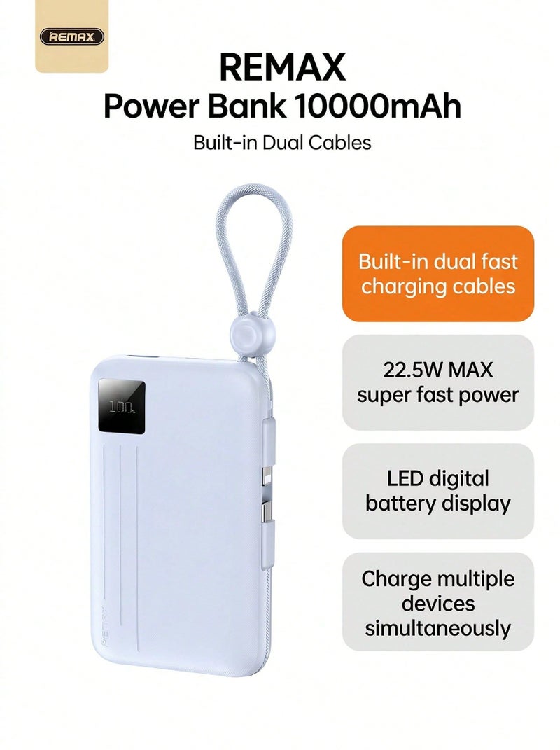 ريماكس باور بانك 10000mAh شحن سريع 22.5 واط، شاحن REMAX المحمول مع كابلات Type-C وLightning مدمجة، بطارية خارجية PD QC مع شاشة LED رقمية، شاحن USB-C للهواتف المحمولة iPhone Samsung Xiaomi Android - أزرق - Image 1