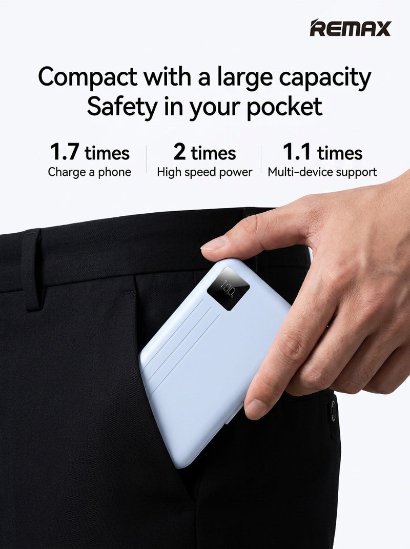 ريماكس باور بانك 10000mAh شحن سريع 22.5 واط، شاحن REMAX المحمول مع كابلات Type-C وLightning مدمجة، بطارية خارجية PD QC مع شاشة LED رقمية، شاحن USB-C للهواتف المحمولة iPhone Samsung Xiaomi Android - أزرق - Image 4