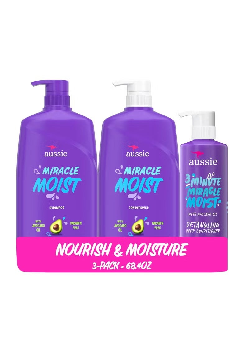 Aussie Aussie Miracle Moist Shampoo and Conditioner with 3 Minute Miracle Deep Conditioner, Avocado & Jojoba Oil, Paraben-Free, Moisturizes & Detangles, All Hair Types, Citrus Floral Scent, 3 Pack 68.4 Fl Oz 