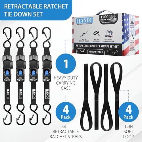 HandT USA Based Retractable Ratchet Straps (4PK) 1in x 6ft - 1,500lb Break Strength, Heavy Duty Automatic Ratchet Straps Self Retractable Tie Down, Push Button Retracting Truck Trailer Cargo | Black - Image 4