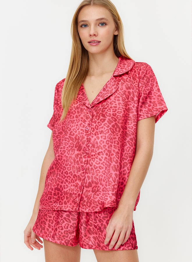 trendyol Pink Multicolored Leopard Patterned Satin Shorts Woven Pajama Set - Image 2