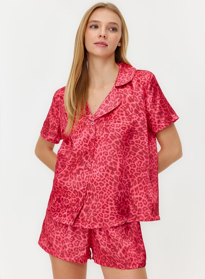 trendyol Pink Multicolored Leopard Patterned Satin Shorts Woven Pajama Set - Image 3