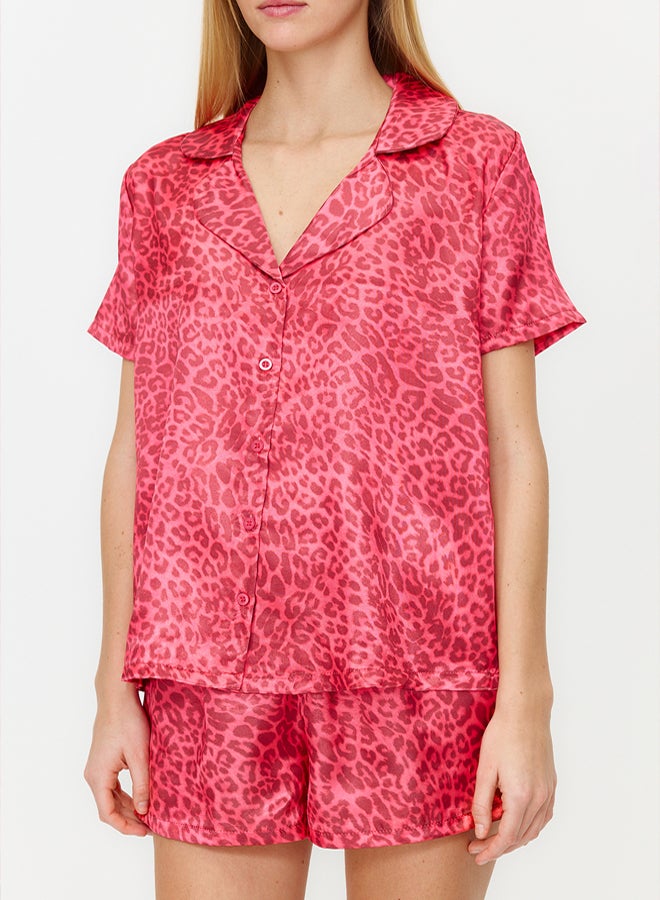 trendyol Pink Multicolored Leopard Patterned Satin Shorts Woven Pajama Set - Image 4