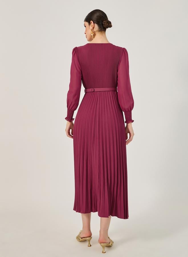 Styli Accordion Pleated Cuffed Sleeves A-Line Midi Dress - Image 5