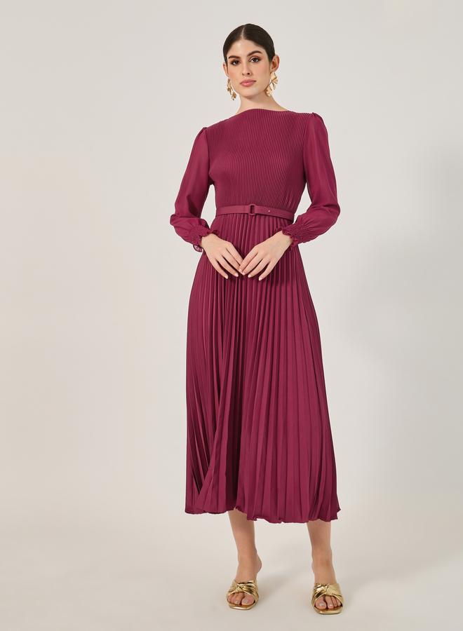Styli Accordion Pleated Cuffed Sleeves A-Line Midi Dress - Image 2