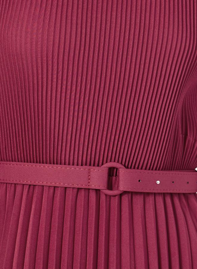 Styli Accordion Pleated Cuffed Sleeves A-Line Midi Dress - Image 4