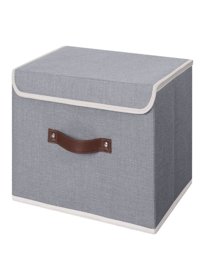 ANMINY Storage Bin with Lid Storage Boxes with PU Leather Handles PP Plastic Board Decorative Foldable Lidded Cotton Linen Fabric Home Cubes Baskets Closet Organizer Container - Gray, Large Size - Image 1